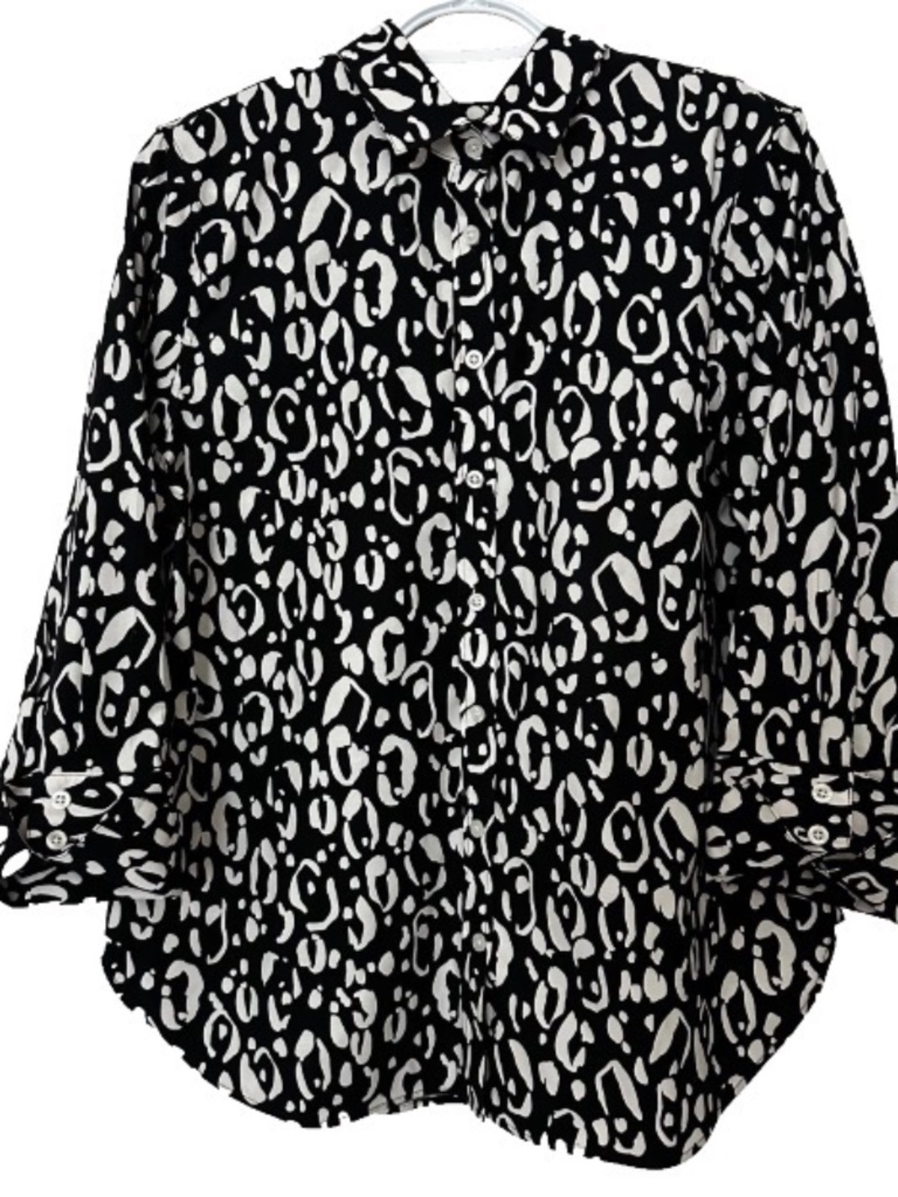 Chico's Button Down Blouse Women 1 (8) Black White Abstract Animal Print